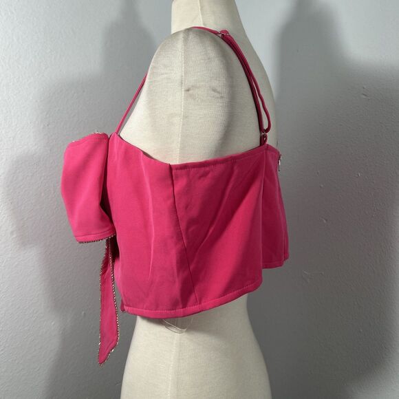 Main Strip Crop Top Womens L Pink Bow Rhinestones Romantic Feminine 90s Y2k - Picture 2 of 9